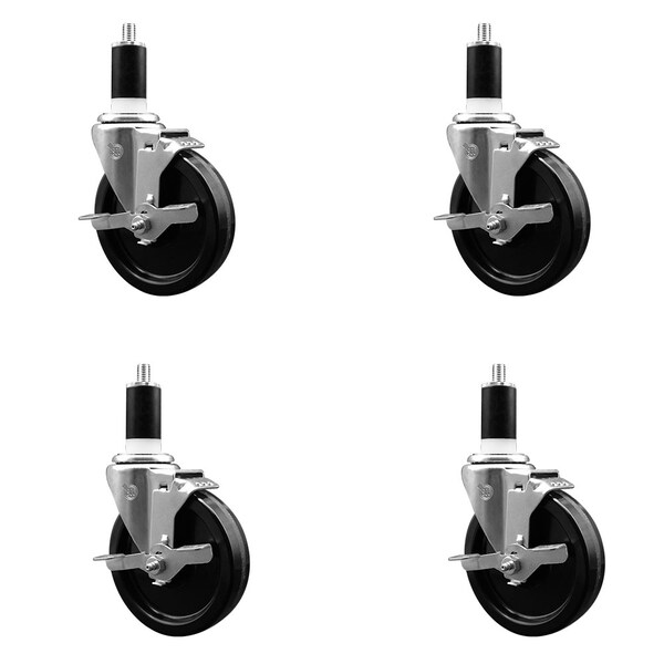 5'' Phenolic Swivel 1-3/8'' Expanding Stem Caster Set with Brake, 4PK
